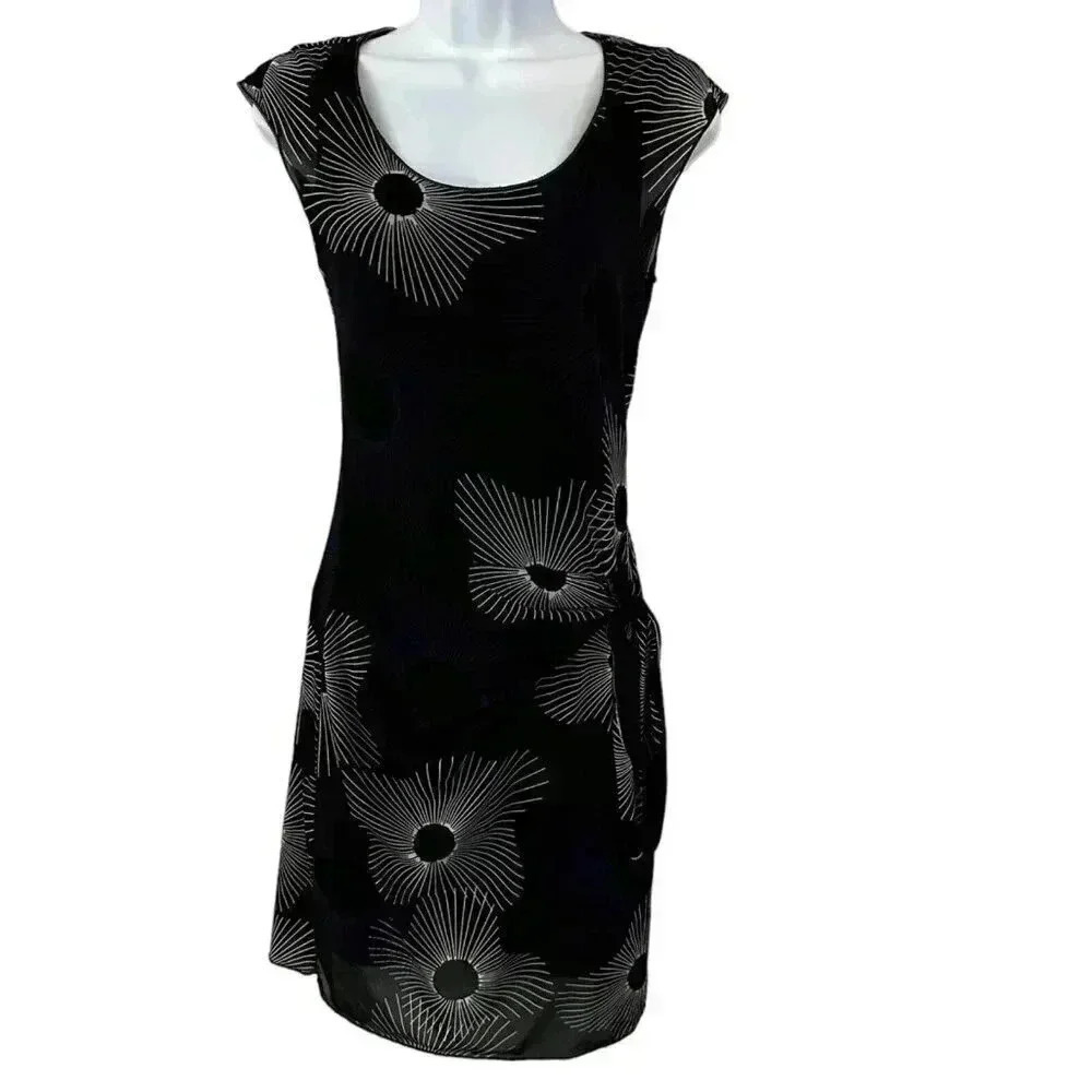 Studio M dress mini size Small black with white and purple print and side tie